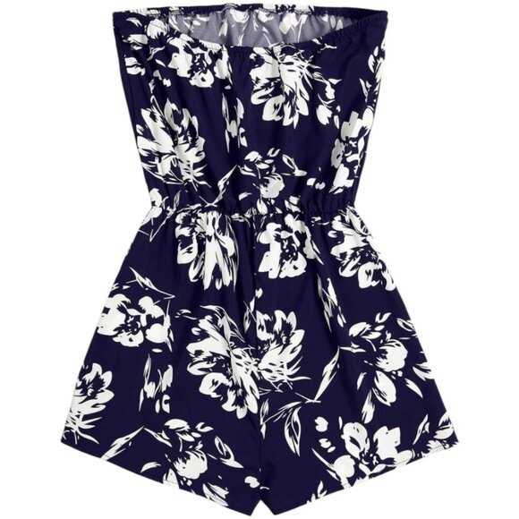 Womens Plus XXL Navy Blue Hawaiian Floral Romper – Trendy Tube Top with Shorts - Picture 5 of 12